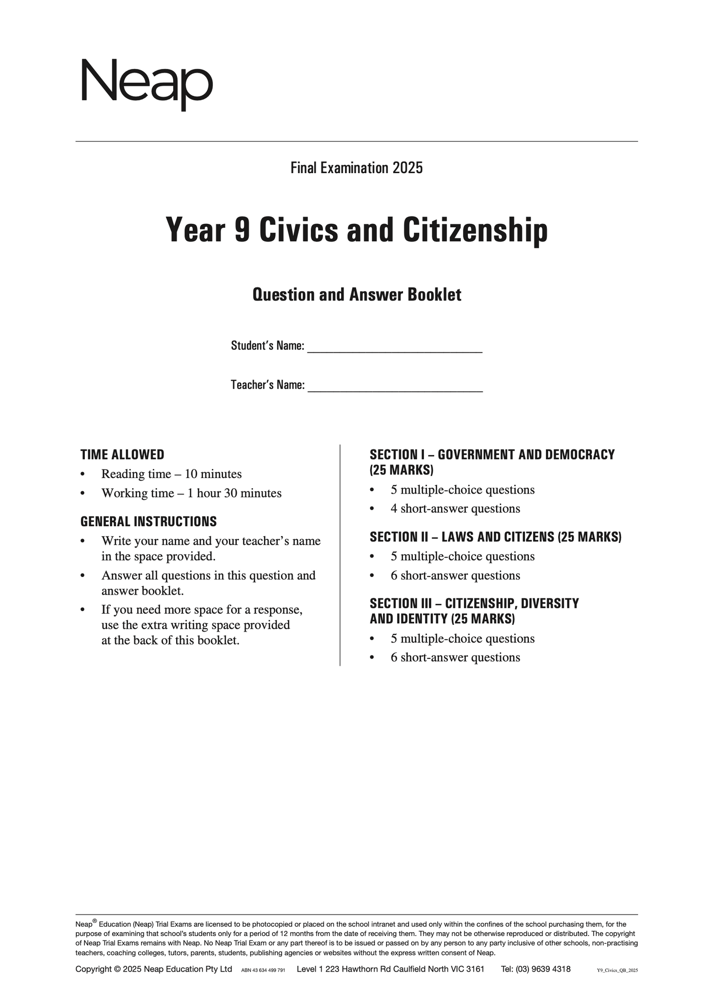 Neap Practice Exam: 2025 Year 9 Civics and Citizenship (Digital)