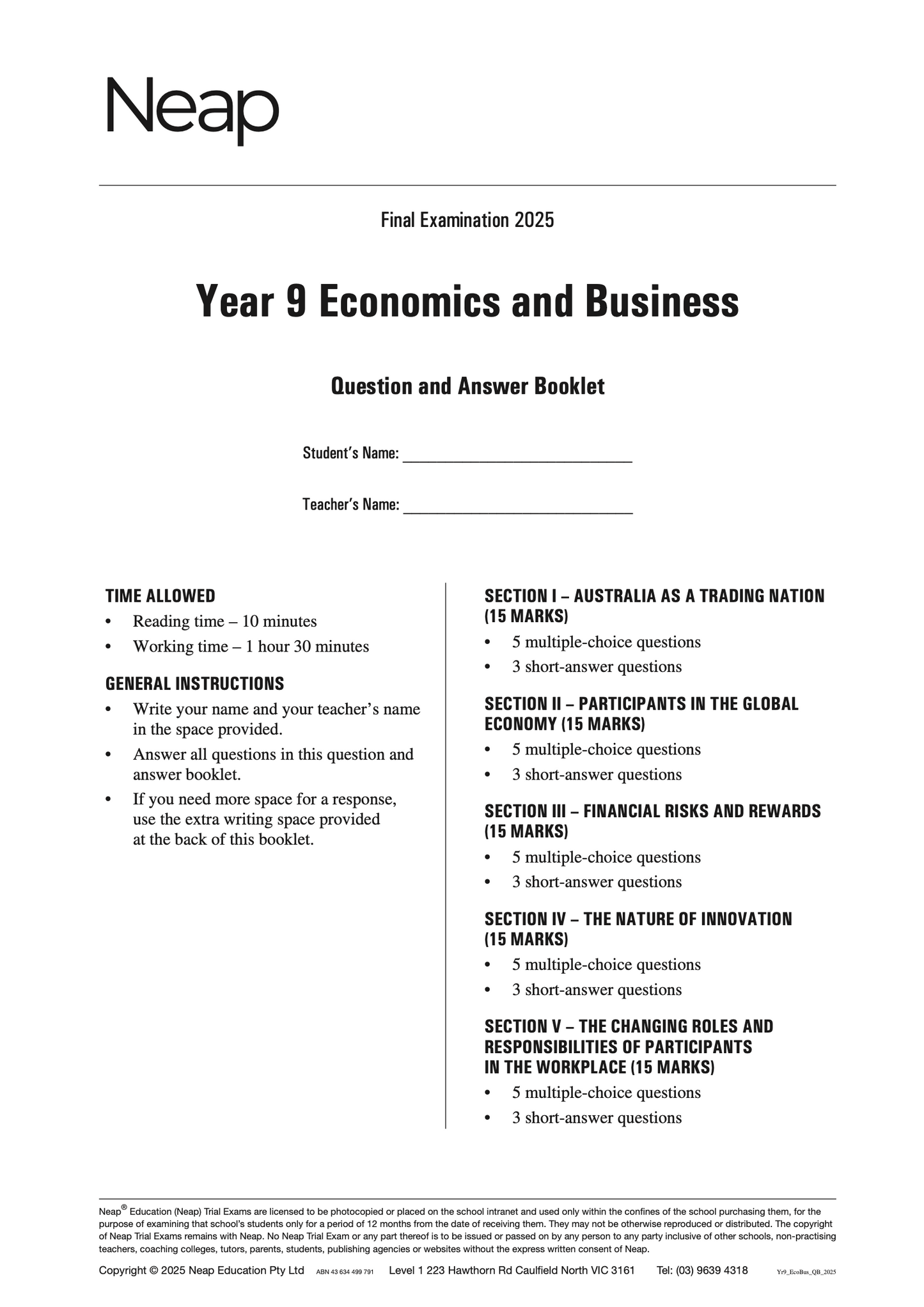 Neap Practice Exam: 2025 Year 9 Economics and Business (Digital)