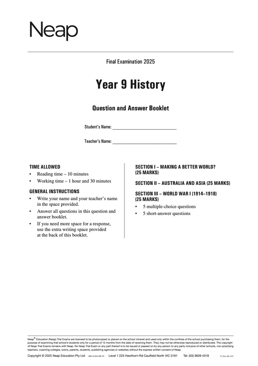 Neap Practice Exam: 2025 Year 9 History (Digital)