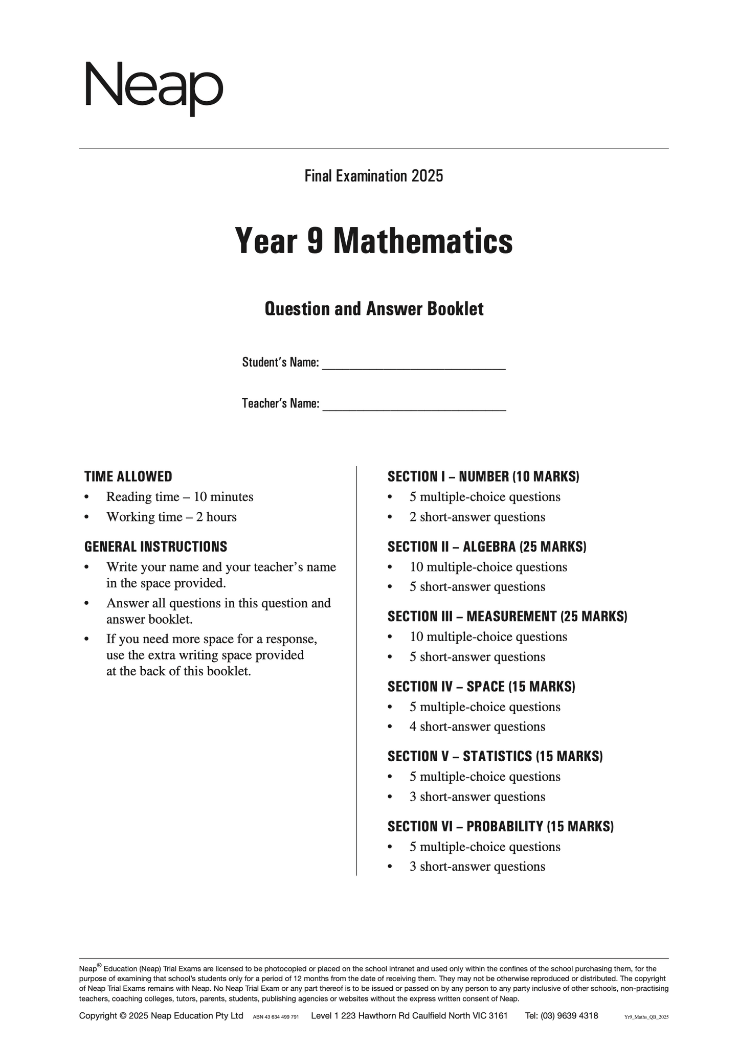 Neap Practice Exam: 2025 Year 9 Maths (Digital)