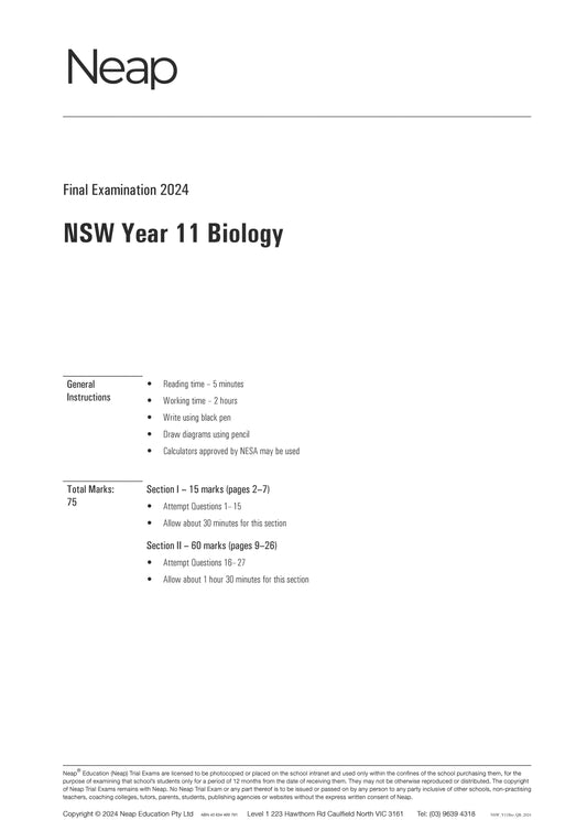 Neap Trial Exam: 2024 HSC Year 11 Biology