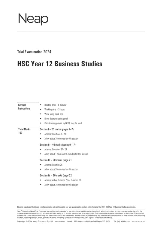 Neap Trial Exam: 2024 HSC Year 12 Business Studies