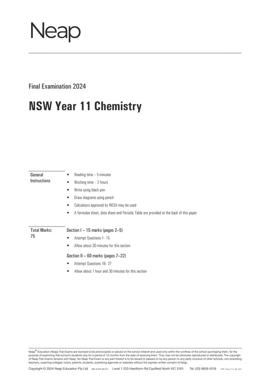 Neap Trial Exam: 2024 HSC Year 11 Chemistry