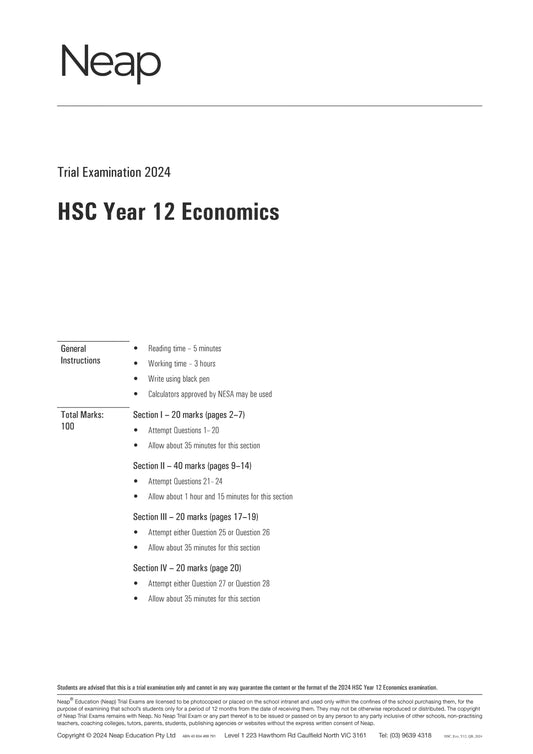 Neap Trial Exam: 2024 HSC Year 12 Economics