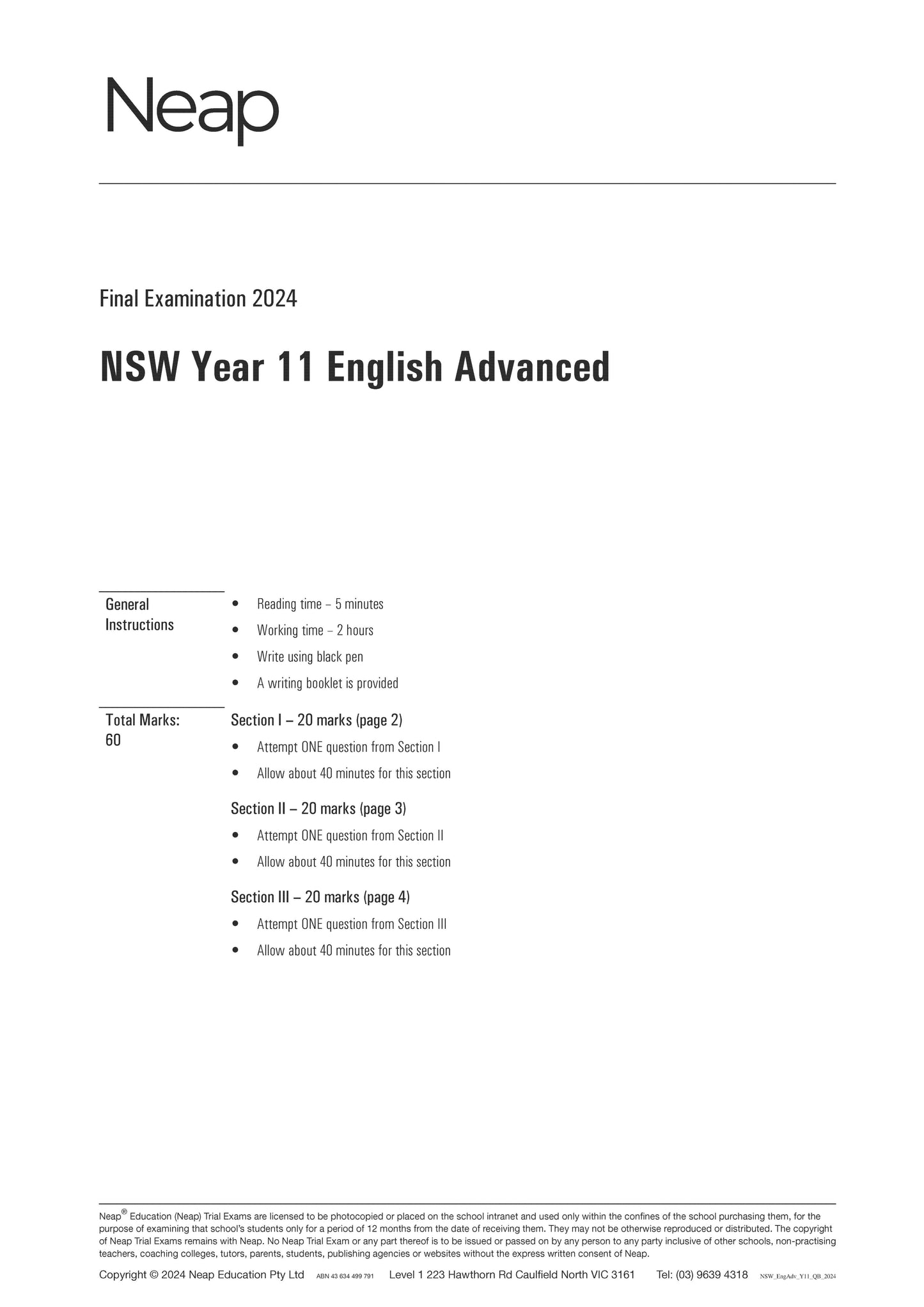 Neap Trial Exam: 2024 HSC Year 11 English Advanced