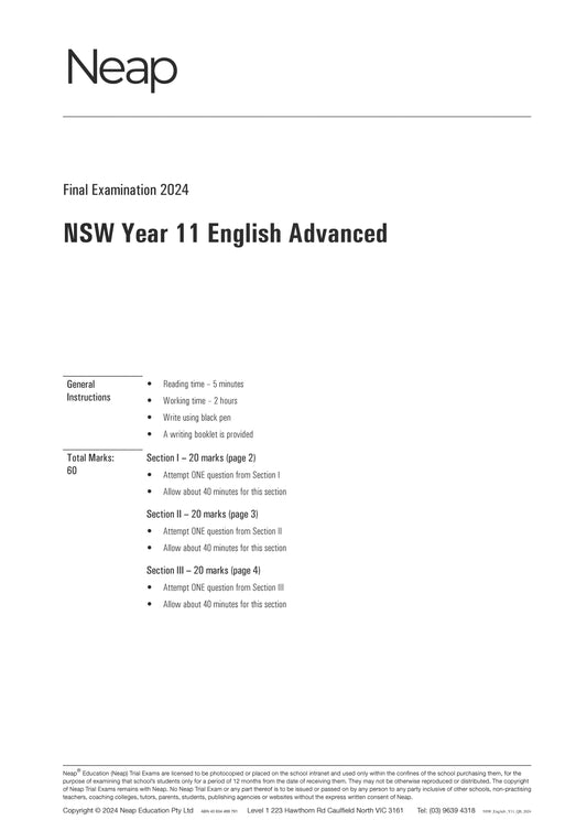 Neap Trial Exam: 2024 HSC Year 11 English Advanced