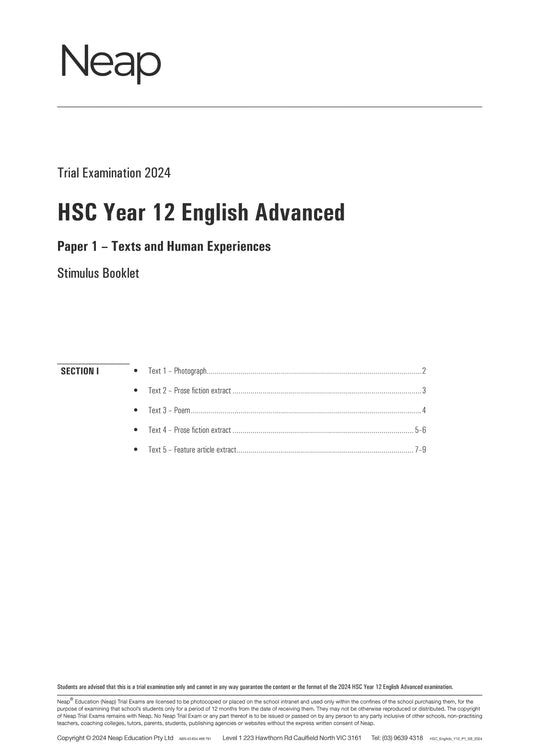 Neap Trial Exam: 2024 HSC Year 12 English Advanced