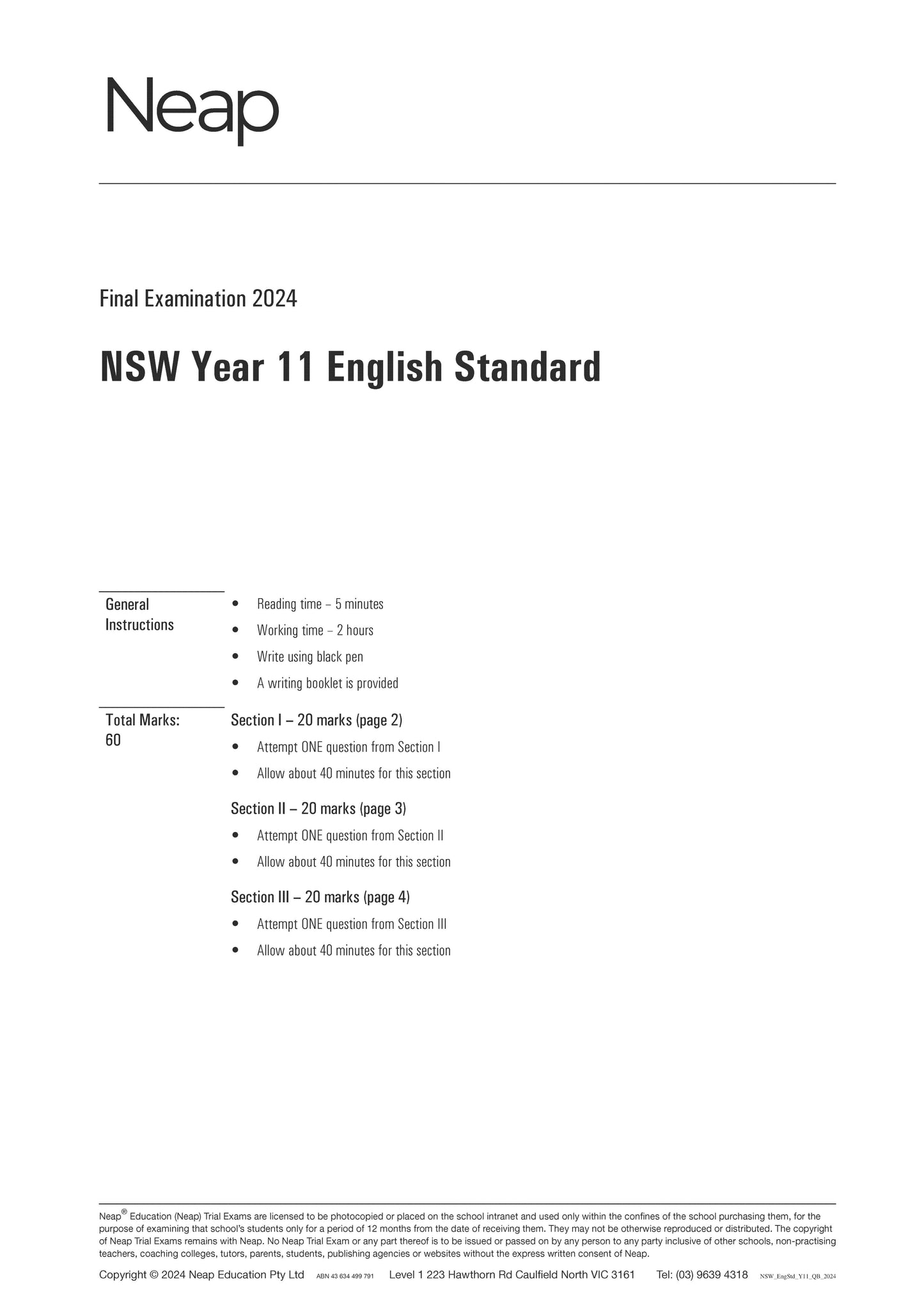 Neap Trial Exam: 2024 HSC Year 11 English Standard