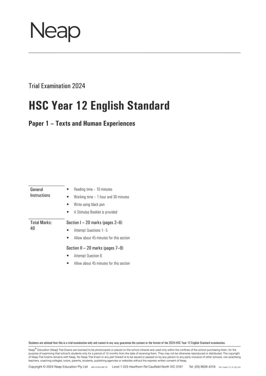 Neap Trial Exam: 2024 HSC Year 12 English Standard