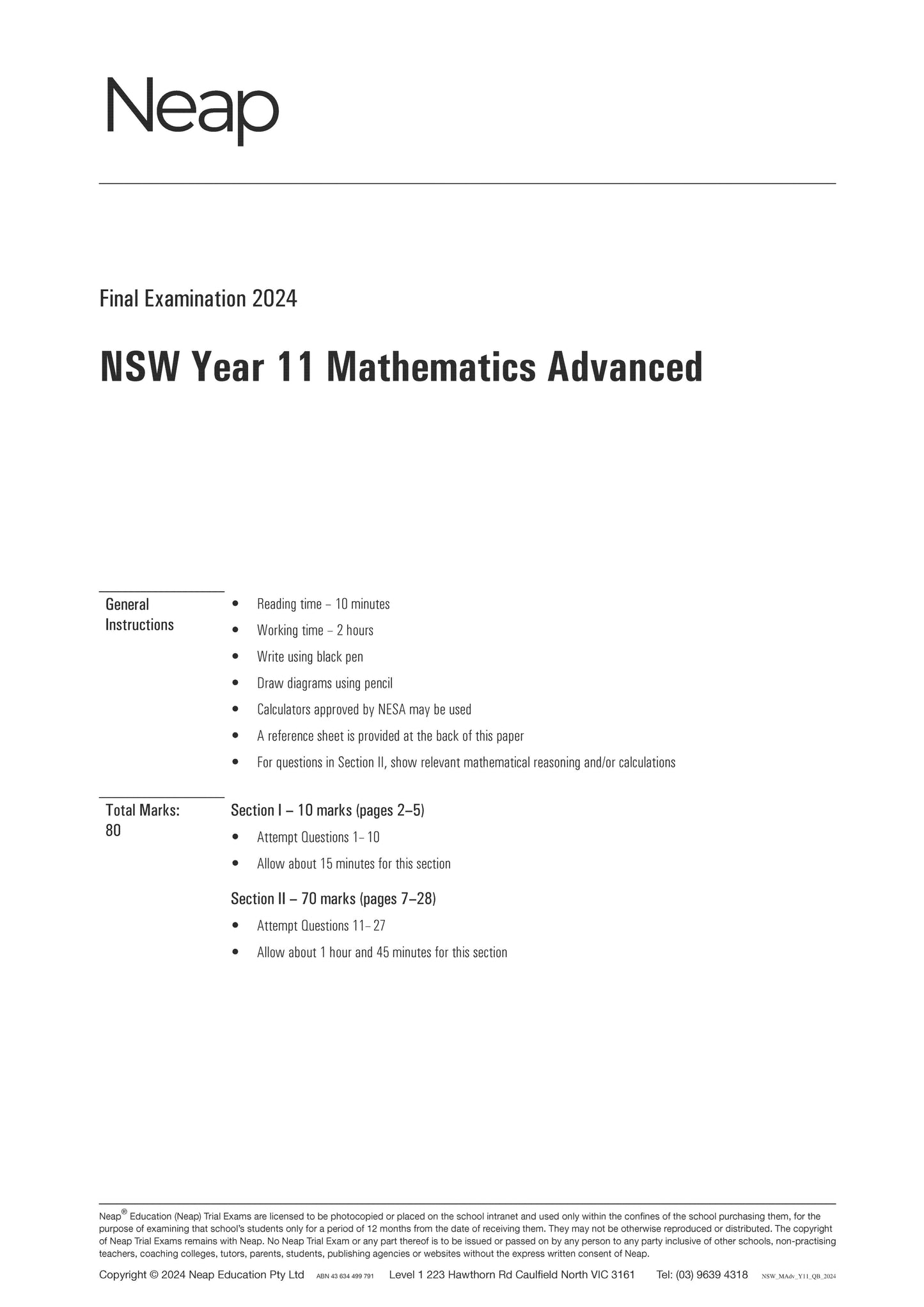 Neap Trial Exam: 2024 HSC Year 11 Maths Advanced