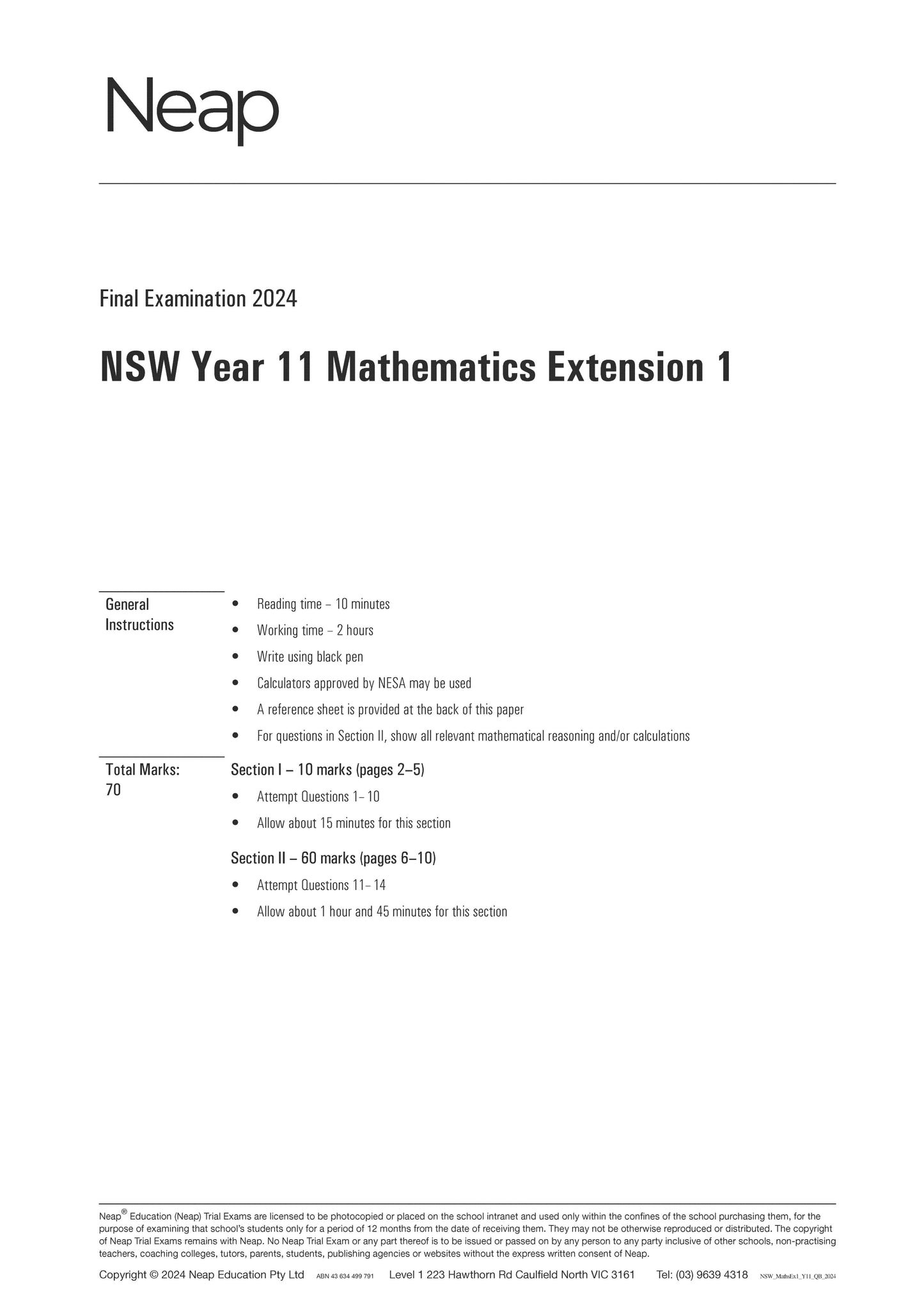 Neap Trial Exam: 2024 HSC Year 11 Maths Extension 1