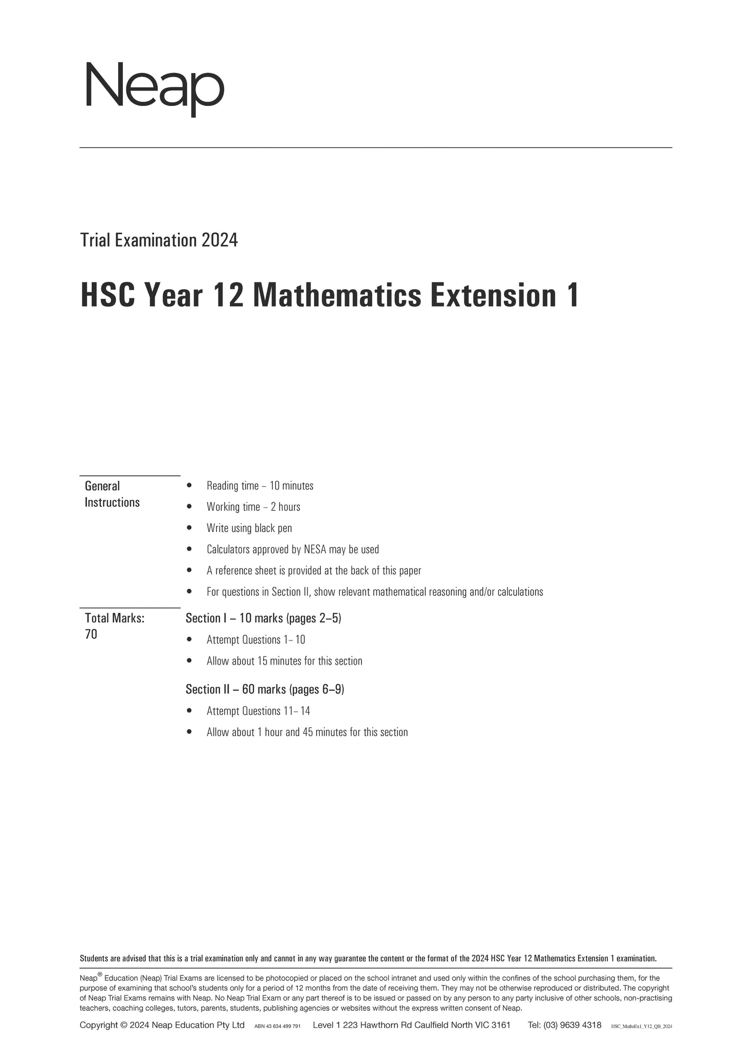 Neap Trial Exam: 2024 HSC Year 12 Maths Extension 1