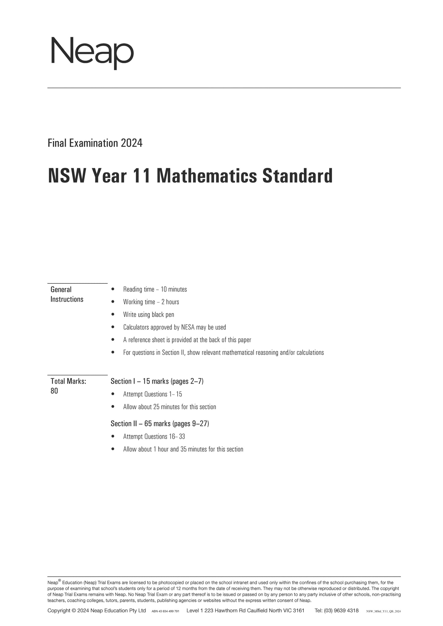 Neap Trial Exam: 2024 HSC Year 11 Maths Standard