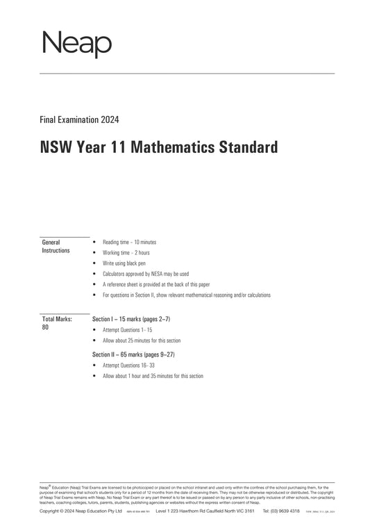 Neap Trial Exam: 2024 HSC Year 11 Maths Standard