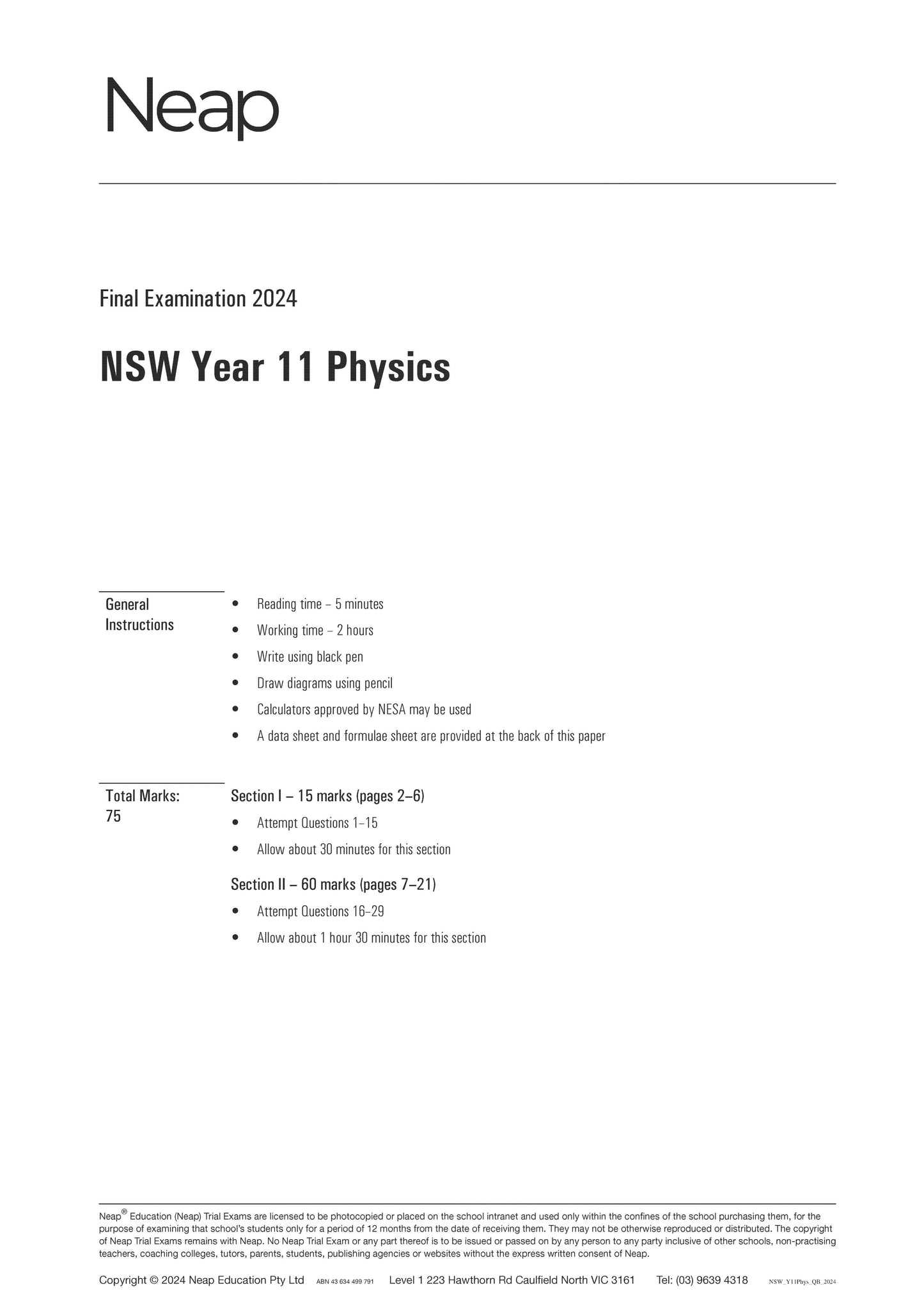 Neap Trial Exam: 2024 HSC Year 11 Physics