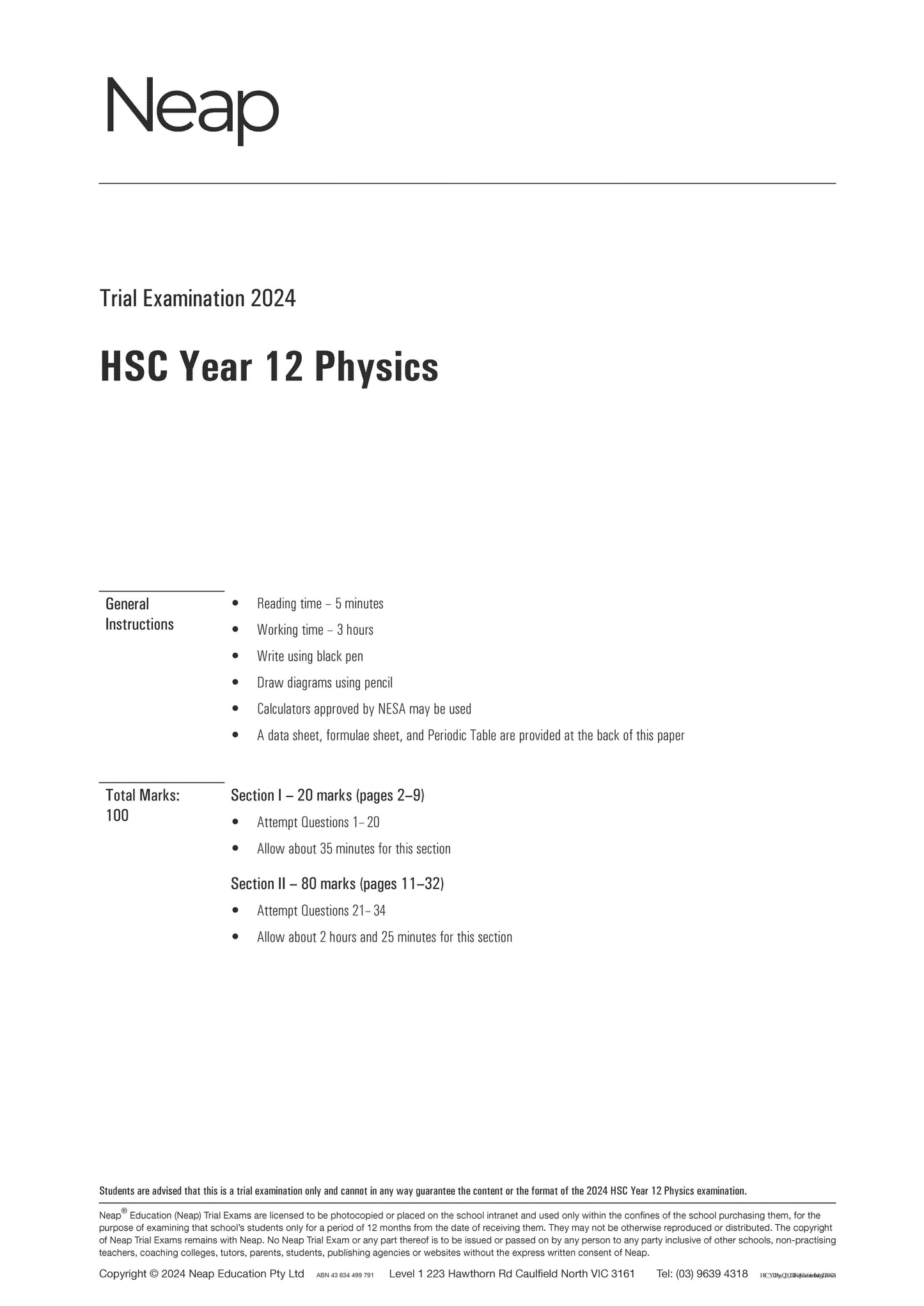 Neap Trial Exam: 2024 HSC Year 12 Physics