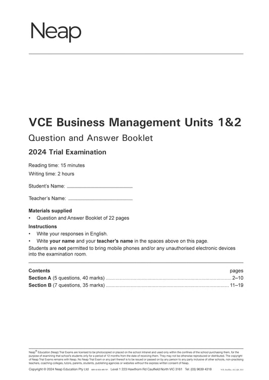 Neap Trial Exam: 2024 VCE Business Management Units 1&2