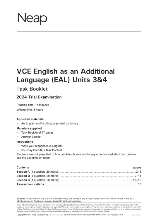 Neap Trial Exam: 2024 VCE English as an Additional Language (EAL) Units 3&4