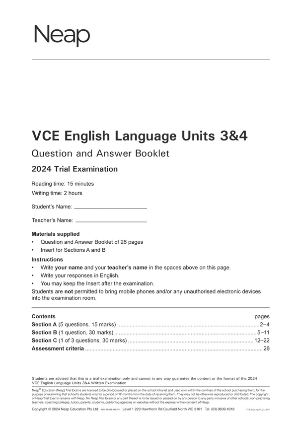 Neap Practice Exam Pack: VCE English Language Units 3&4 2026 Edition (2 Exams)