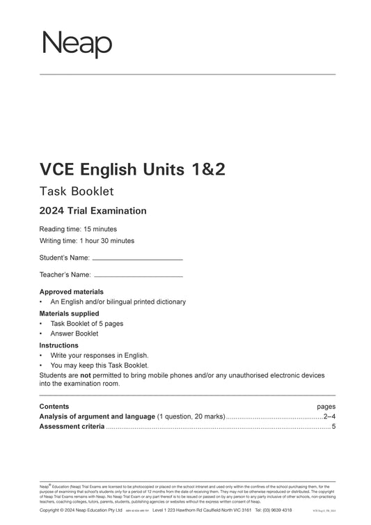 Neap Trial Exam: 2024 VCE English Units 1&2