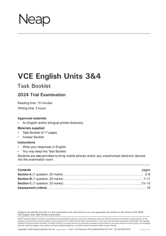 Neap Trial Exam: 2024 VCE English Units 3&4