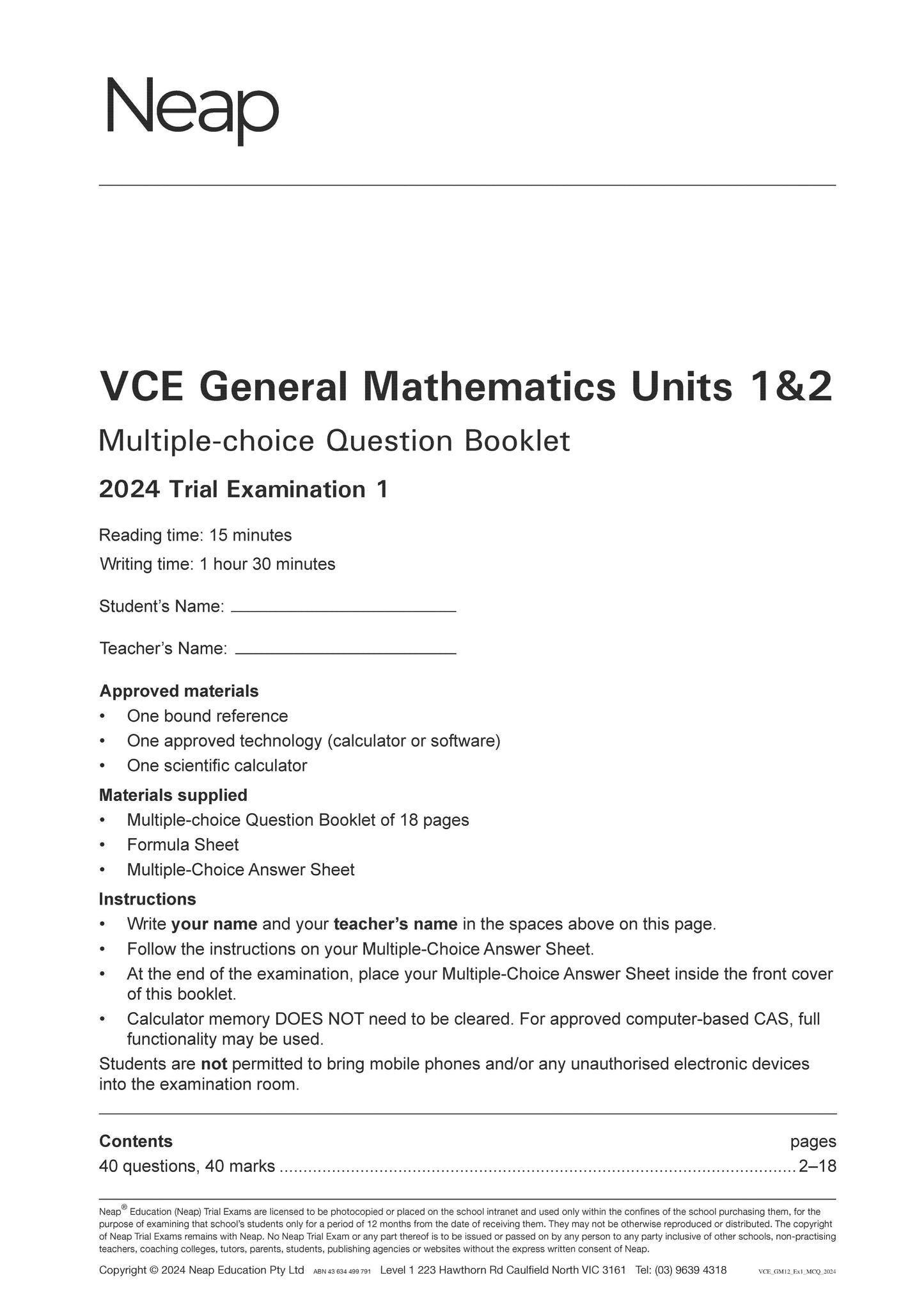 Neap Trial Exam: 2024 VCE General Maths Units 1&2