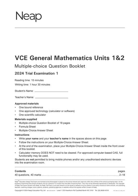 Neap Trial Exam: 2024 VCE General Maths Units 1&2