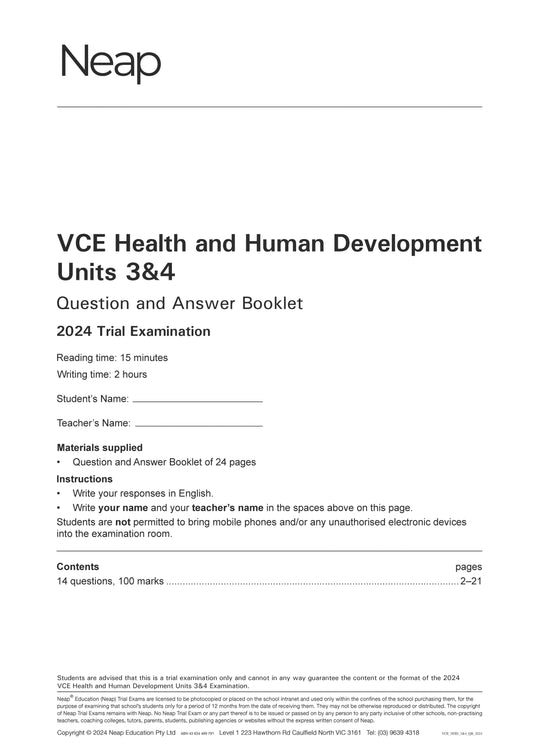 Neap Trial Exam: 2024 VCE Health and Human Development (HHD) Units 3&4