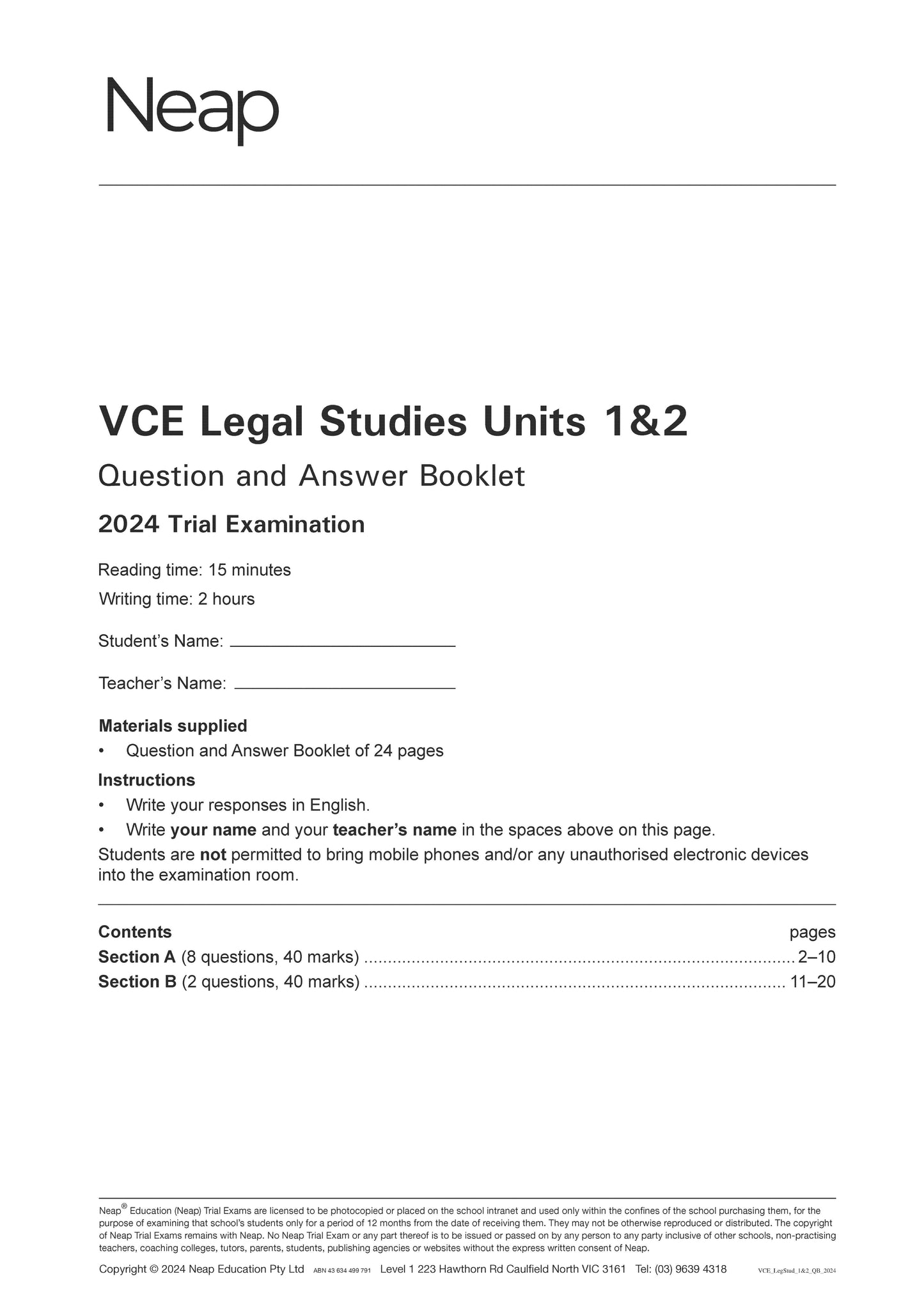 Neap Trial Exam: 2024 VCE Legal Studies Units 1&2