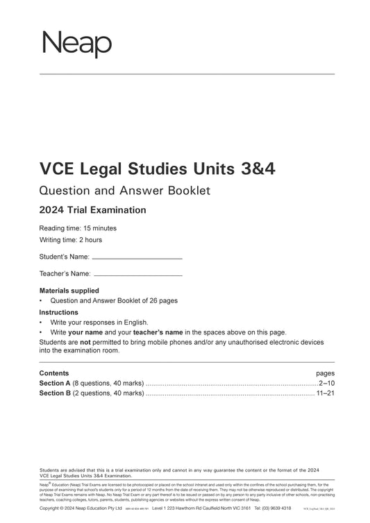 Neap Trial Exam: 2024 VCE Legal Studies Units 3&4