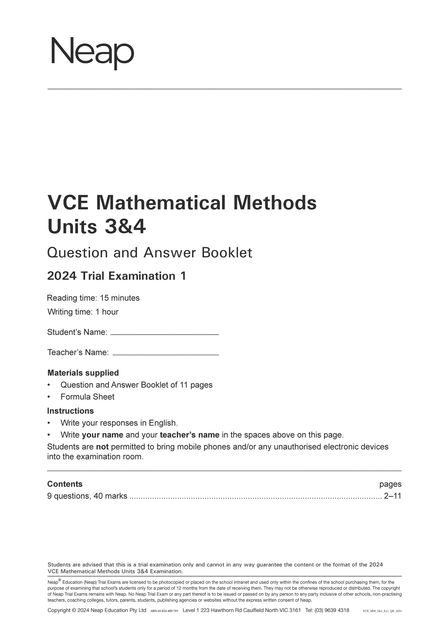 Neap Trial Exam: 2024 VCE Maths Methods Units 3&4