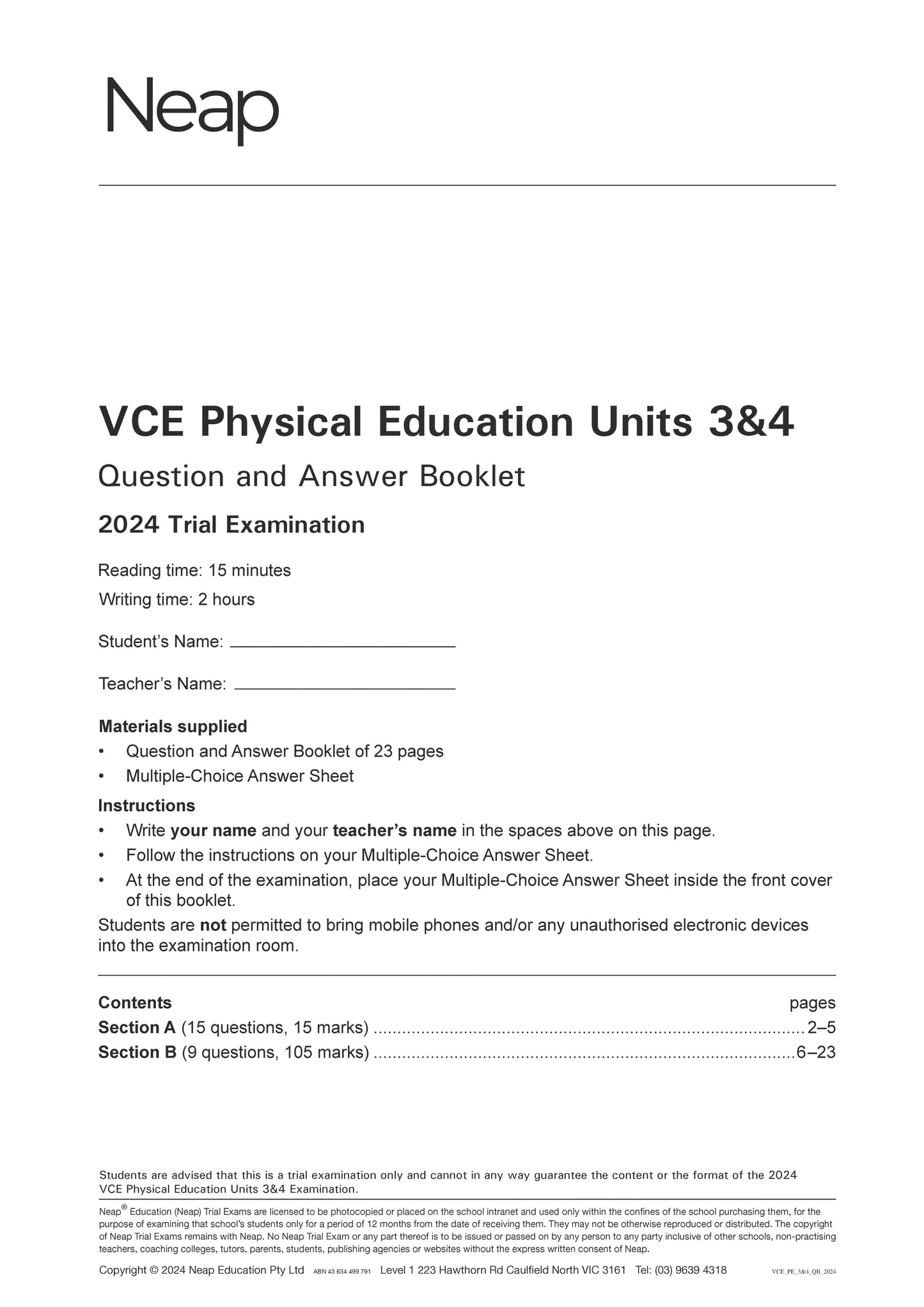 Neap Trial Exam: 2024 VCE Physical Education (PE) Units 3&4