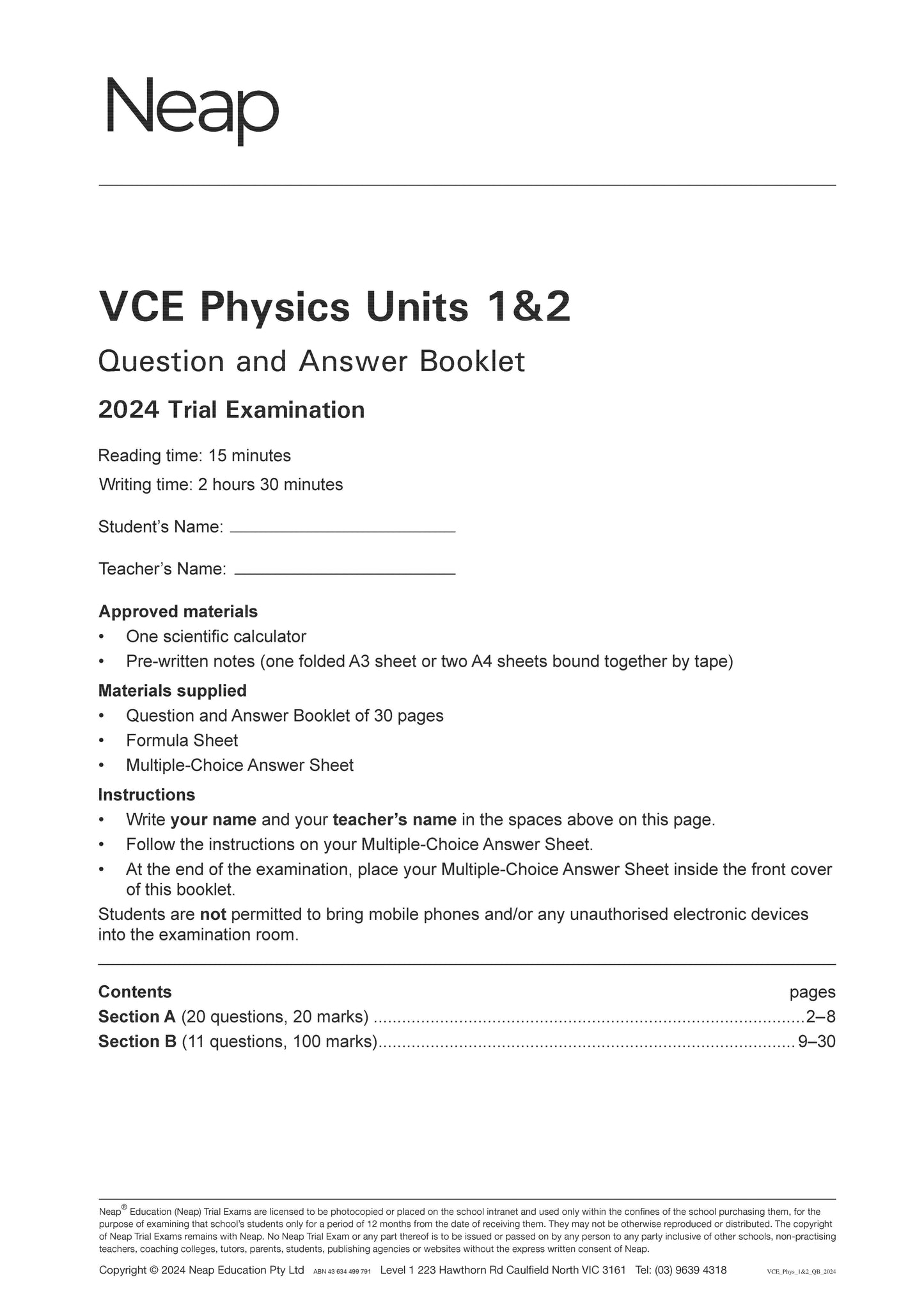 Neap Trial Exam: 2024 VCE Physics Units 1&2