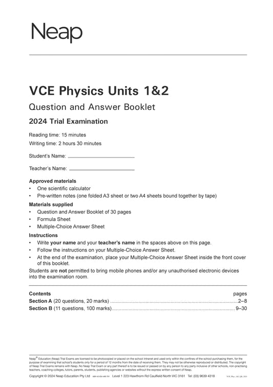 Neap Trial Exam: 2024 VCE Physics Units 1&2