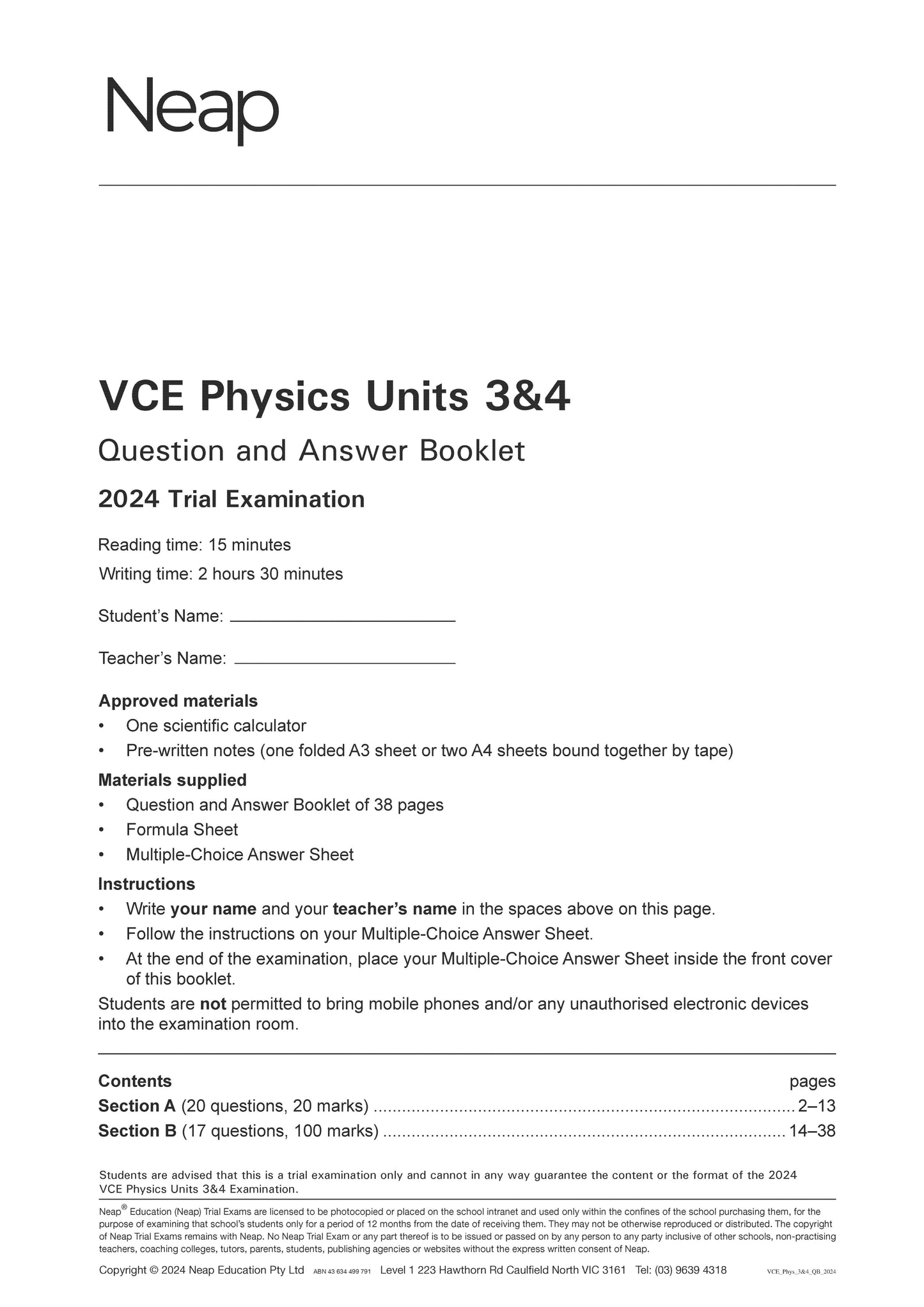 Neap Trial Exam: 2024 VCE Physics Units 3&4