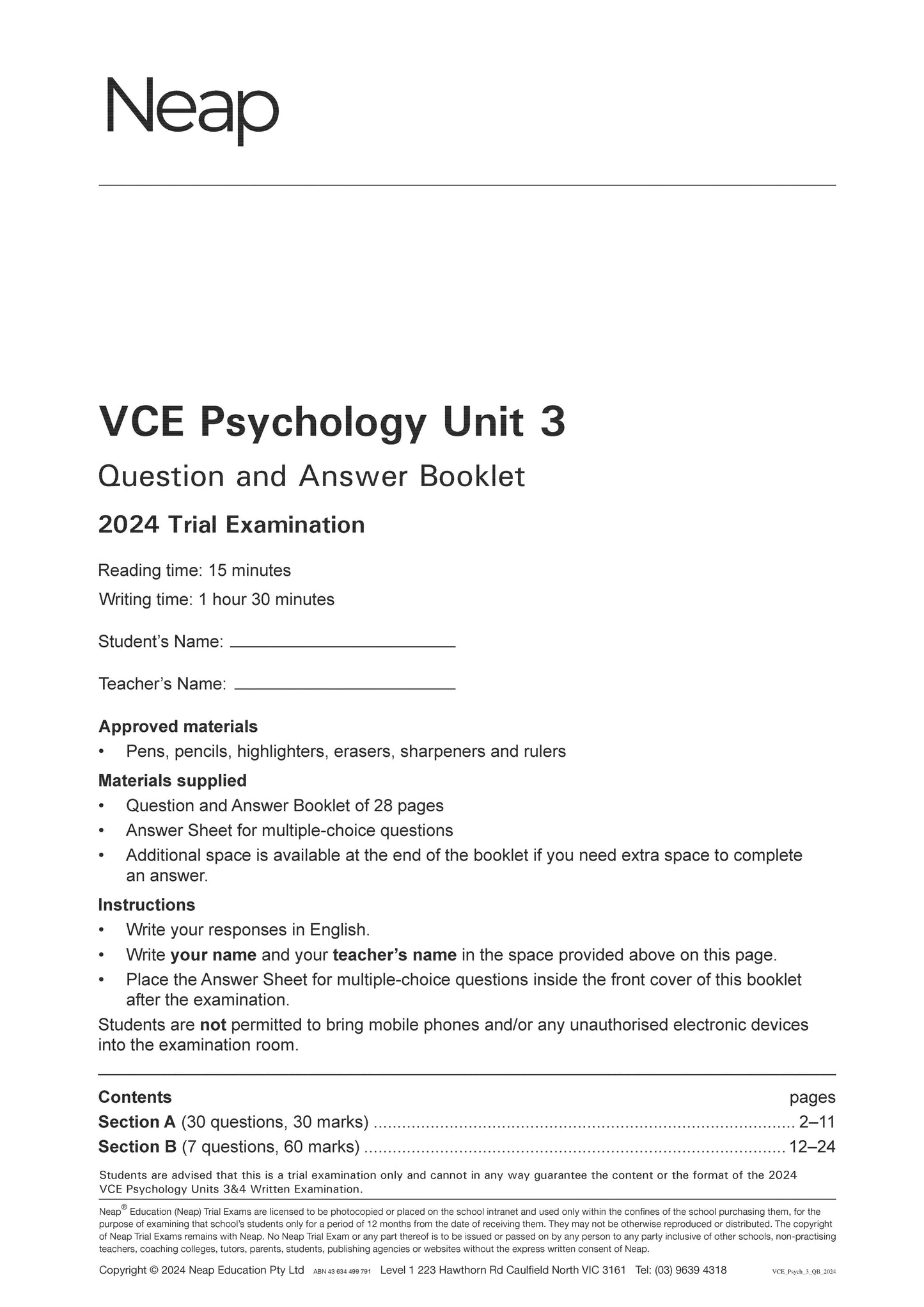 Neap Trial Exam: 2024 VCE Psychology Unit 3