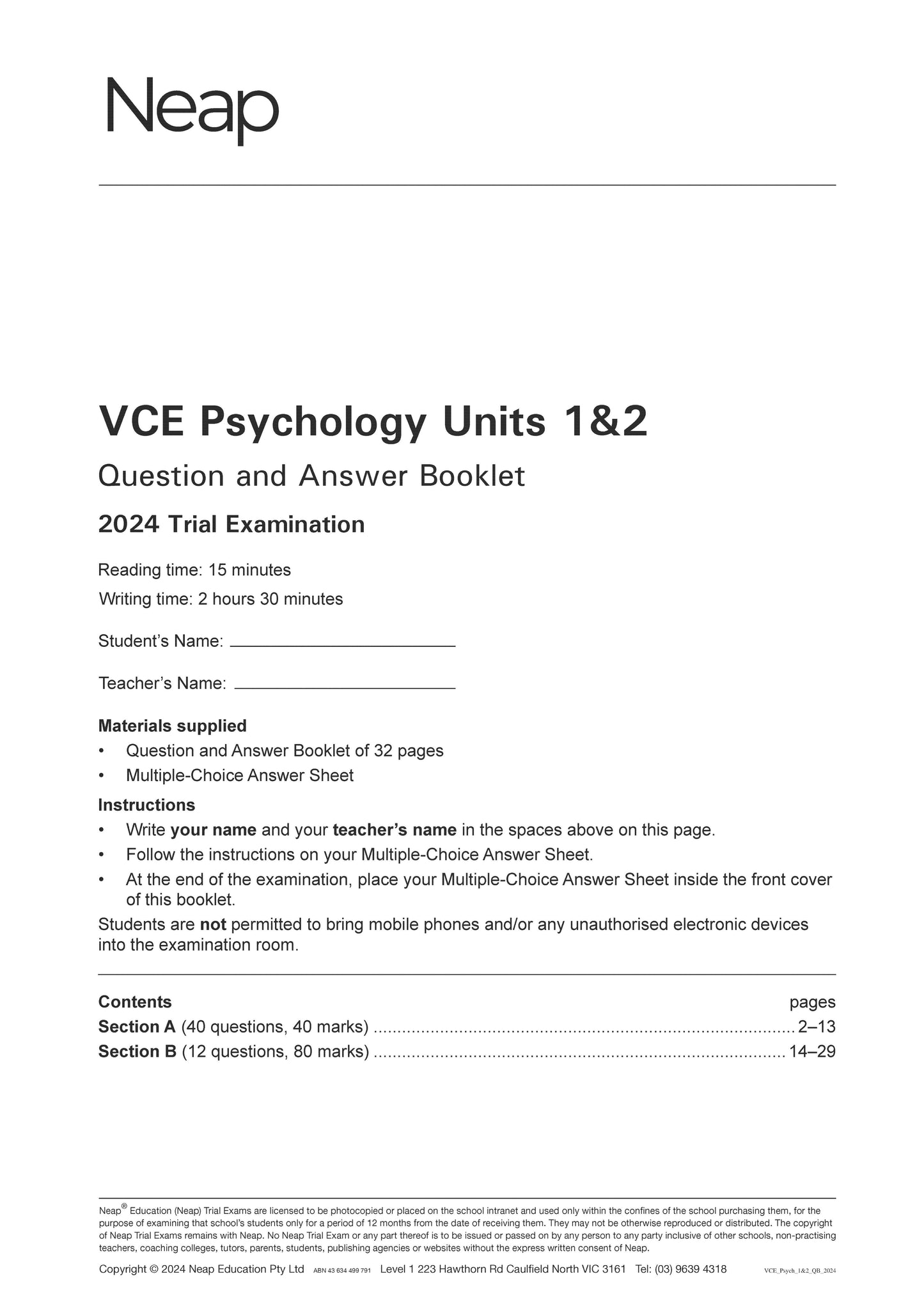 Neap Trial Exam: 2024 VCE Psychology Units 1&2