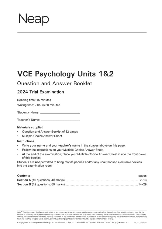 Neap Trial Exam: 2024 VCE Psychology Units 1&2