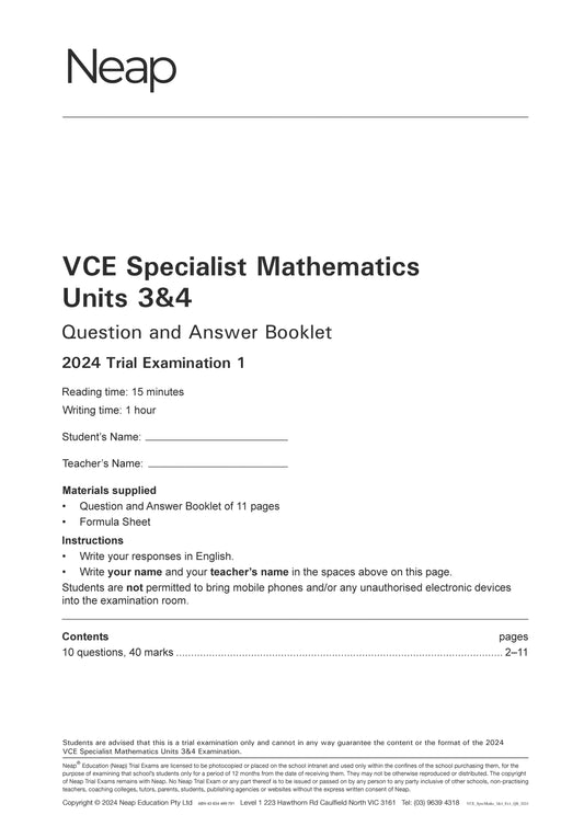 Neap Trial Exam: 2024 VCE Specialist Maths Units 3&4