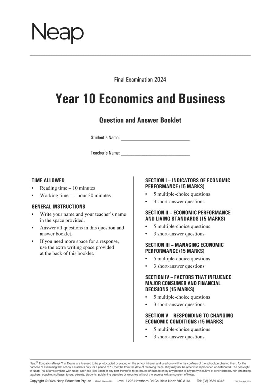 Neap Trial Exam: 2024 Year 10 Economics and Business