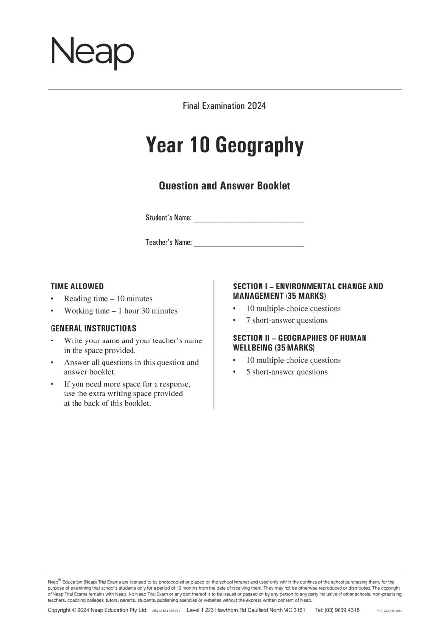 Neap Trial Exam: 2024 Year 10 Geography