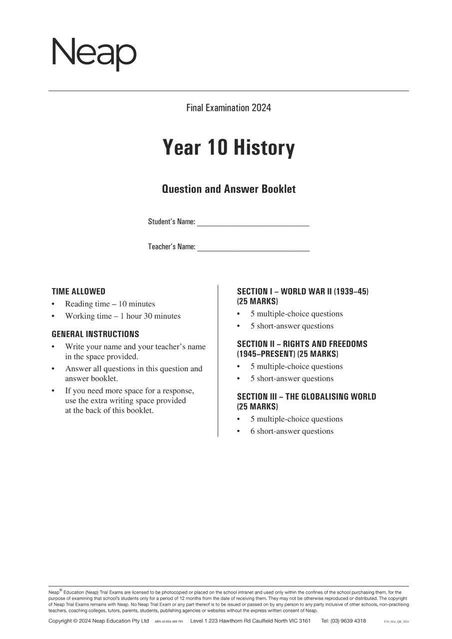 Neap Trial Exam: 2024 Year 10 History