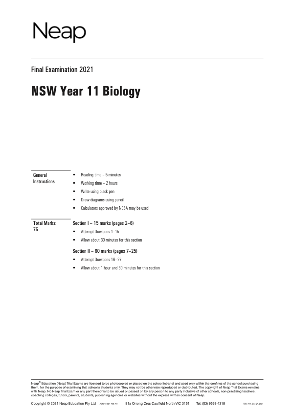 Neap Trial Exam: 2021 HSC Biology Year 11