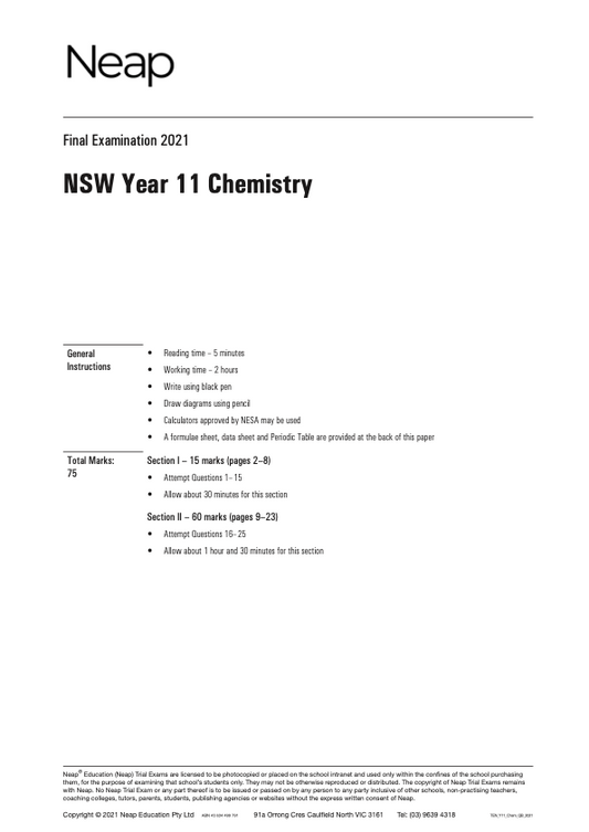 Neap Trial Exam: 2021 HSC Chemistry Year 11