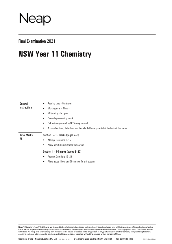 Neap Trial Exam: 2022 HSC Chemistry Year 11