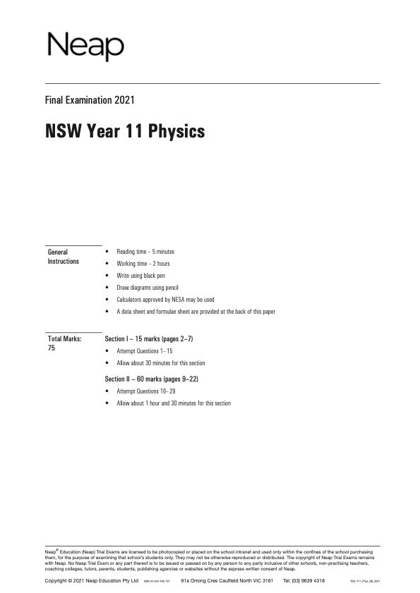 Neap Trial Exam: 2021 HSC Physics Year 11