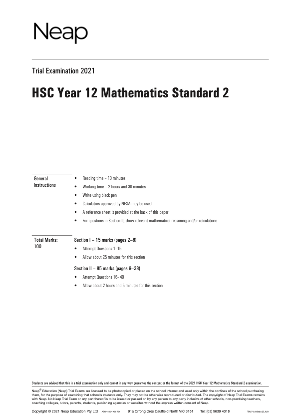 Neap Trial Exam: 2021 HSC Maths Standard 2 Year 12