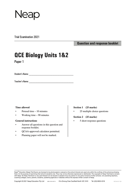 Neap Trial Exam: 2021 QCE Biology Units 1&2 (Papers 1&2)