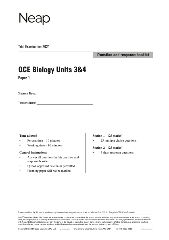 Neap Trial Exam: 2021 QCE Biology Units 3&4 (Papers 1&2)