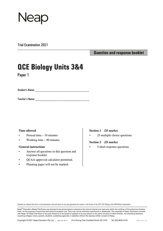 Neap Trial Exam: 2022 QCE Biology Units 3&4 (Papers 1&2)